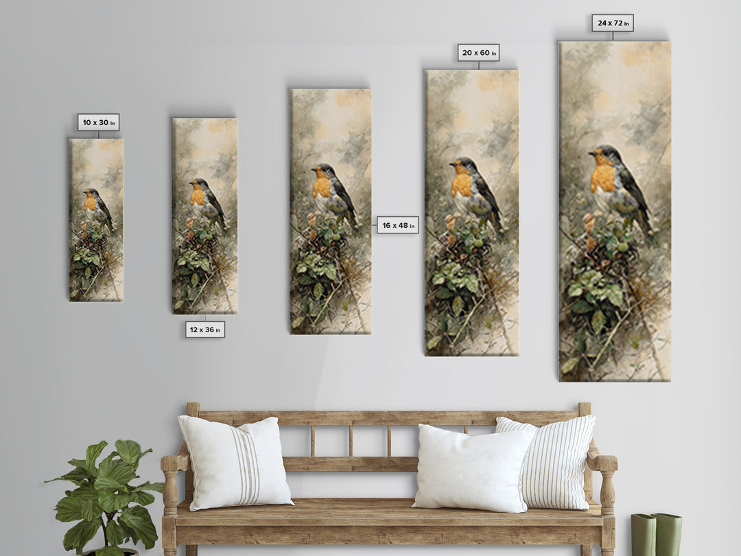 Robin in a Spring Garden with Soft Canvas Print, Bird Art, Living Room Decor, Fine Art, Flight, Rustic Home Decor, Floral Art, BIR-1x3-51