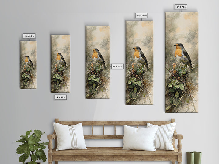 Robin in a Spring Garden with Soft Canvas Print, Bird Art, Living Room Decor, Fine Art, Flight, Rustic Home Decor, Floral Art, BIR-1x3-51