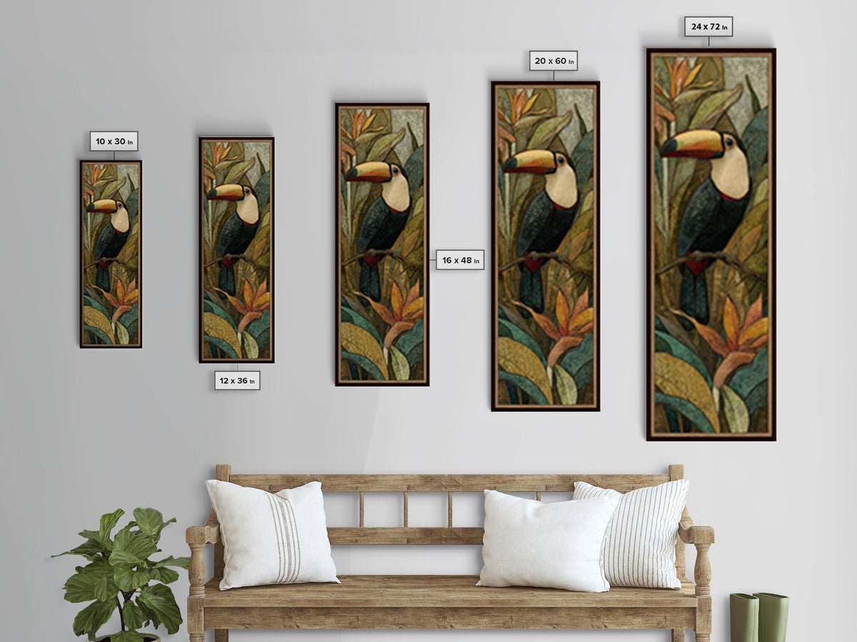 Toucan Framed by Bold Jungle Foliage Canvas Print, Bird Art, Watercolor Painting, Living Room Decor, Fine Art, Flight, BIR-1x3-59
