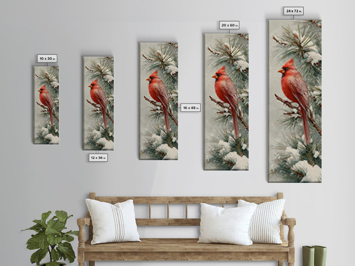 Red Cardinal on Snowy Pine Branch Framed Canvas Print, Bird Art, Textured Painting, Living Room Decor, Watercolor Art, Flight, BIR-1x3-61