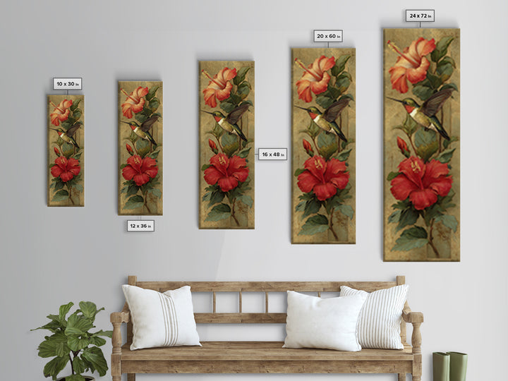 Hummingbird Hovering Beside Bright Hibiscus Framed Canvas Print, Bird Art, Farmhouse Decor, Living Room Decor, Fine Art, Flight, BIR-1x3-64