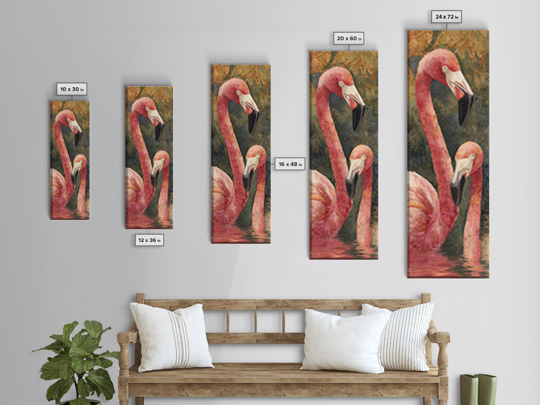 Flamingo Pair in Coral Water Reflections Framed Canvas Print, Bird Art, Rustic Home Decor, Living Room Decor, Fine Art, Flight, BIR-1x3-70