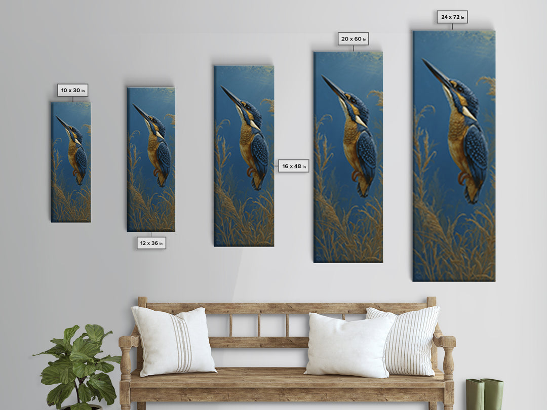 Kingfisher Diving Toward Blue Water Framed Canvas Print, Bird Art, Bird Prints, Living Room Decor, Flight, Modern Decor, BIR-1x3-71