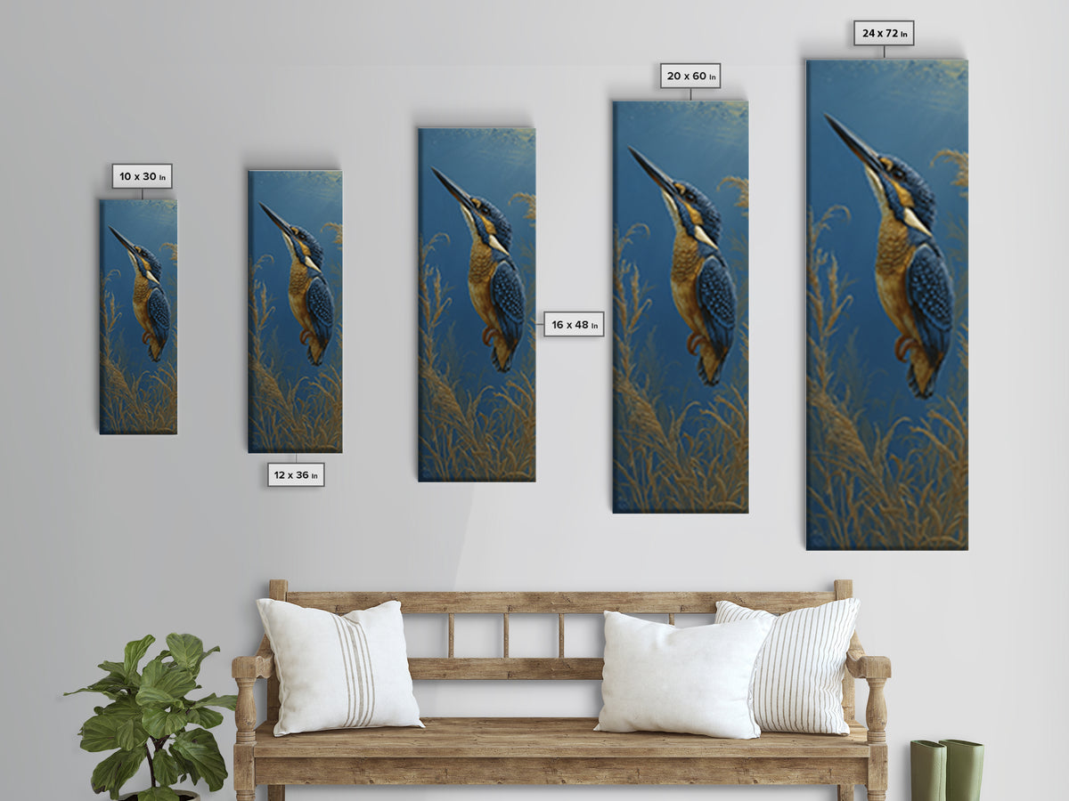 Kingfisher Diving Toward Blue Water Framed Canvas Print, Bird Art, Bird Prints, Living Room Decor, Flight, Modern Decor, BIR-1x3-71