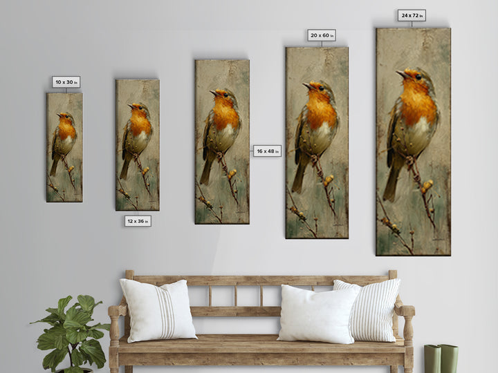 Robin in a Spring Garden with Soft Framed Canvas Print, Bird Art, Mid Century Wall Art, Living Room Decor, Oil Painting, Flight, BIR-1x3-75