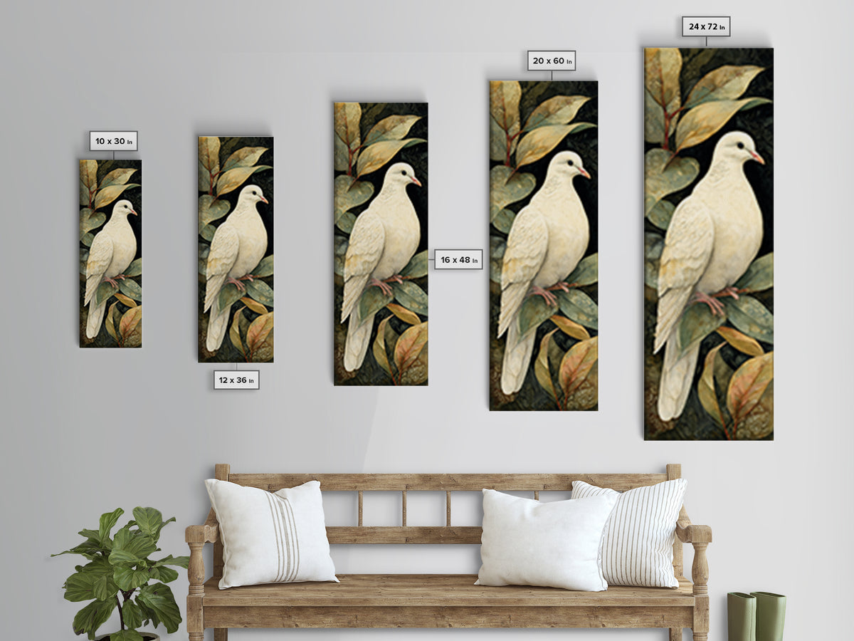 White Dove with Olive Branch and Calm Framed Canvas Print, Bird Art, Japanese Wall Art, Living Room Decor, Fine Art, Flight, BIR-1x3-76