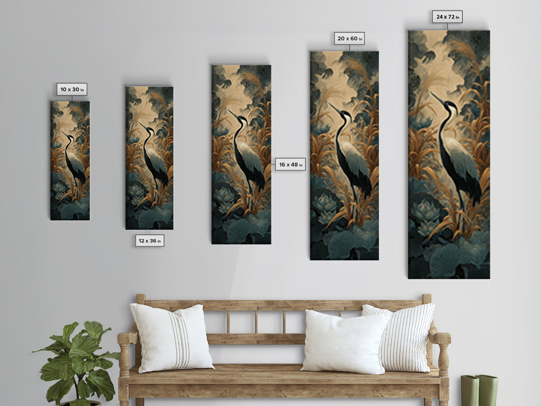 Crane and Lotus Composition Canvas Print, Bird Art, Art Print, Living Room Decor, Fine Art, Flight, Original Art, Digital Print, BIR-1x3-77
