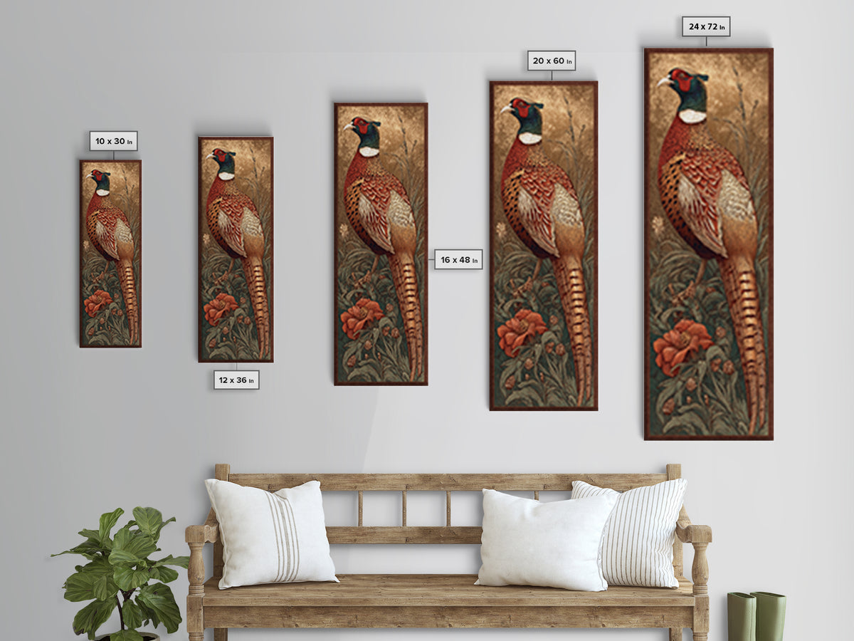 Pheasant with Ornate Feather Details Framed Canvas Print, Bird Art, Modern Art, Living Room Decor, Fine Art, Flight, Floral Art, BIR-1x3-79