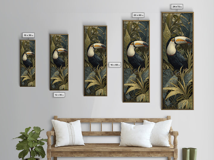 Toucan Framed by Bold Jungle Foliage Framed Canvas Print, Bird Art, Botanical Wall Art, Living Room Decor, Fine Art, Flight, BIR-1x3-83
