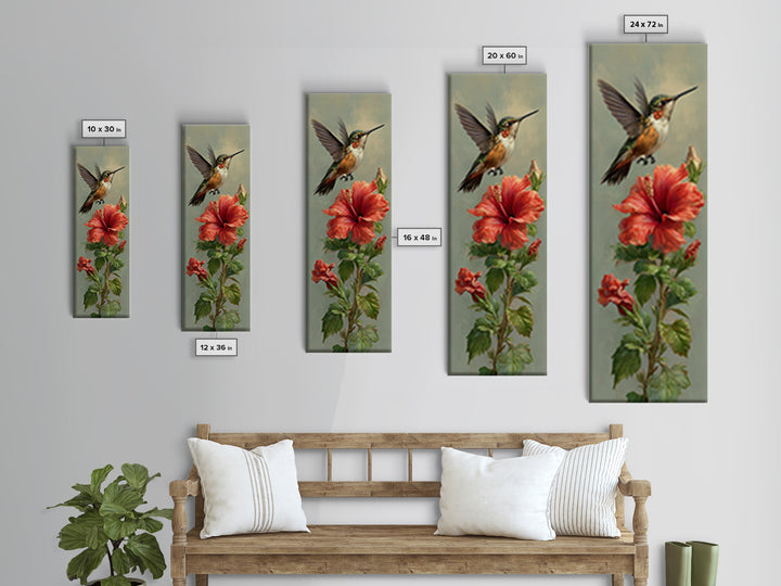 Hummingbird Hovering Beside Bright Hibiscus Canvas Print, Bird Art, Living Room Decor, Fine Art, Flight, Rustic Home Decor, BIR-1x3-88