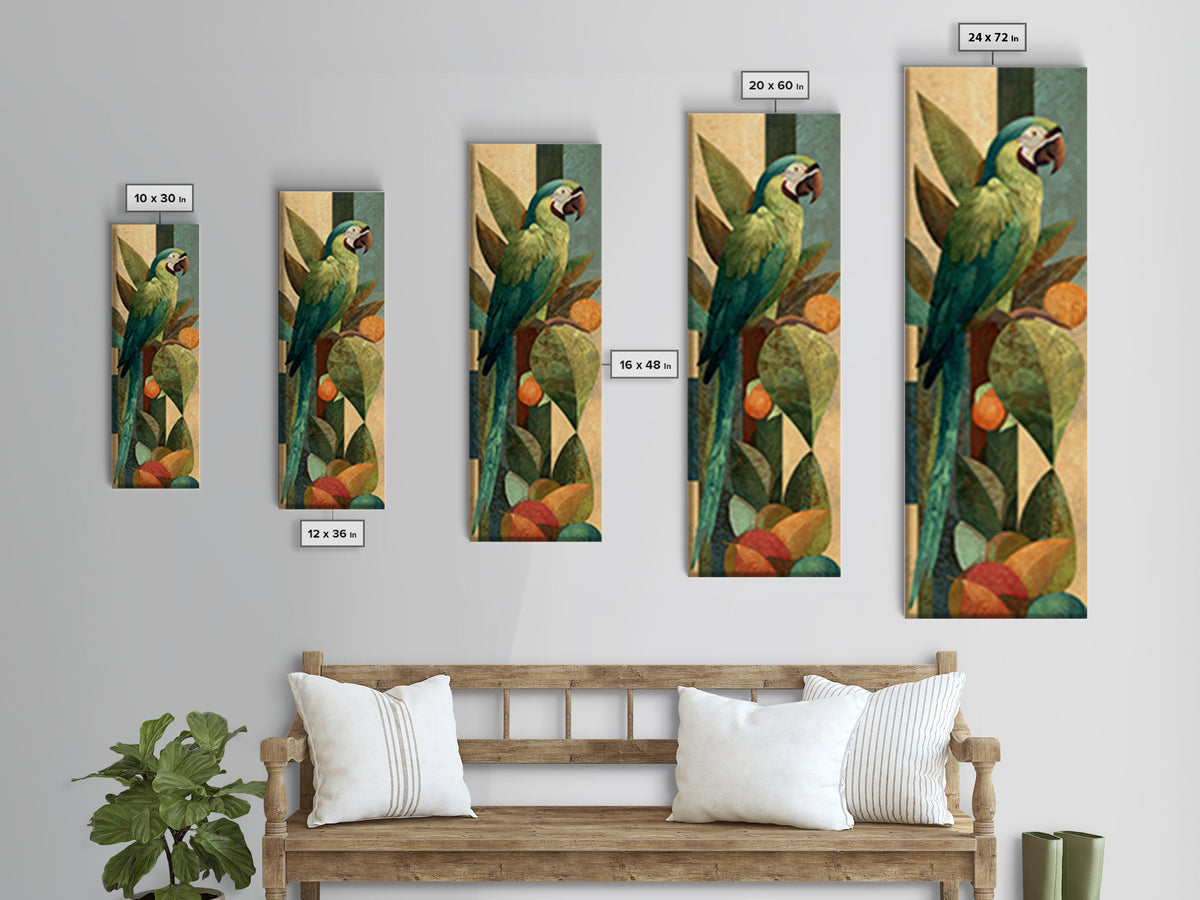 Parrot Among Tropical Leaves and Fruit Canvas Print, Bird Art, Rustic Home Decor, Living Room Decor, Oil Painting, Flight, BIR-1x3-97