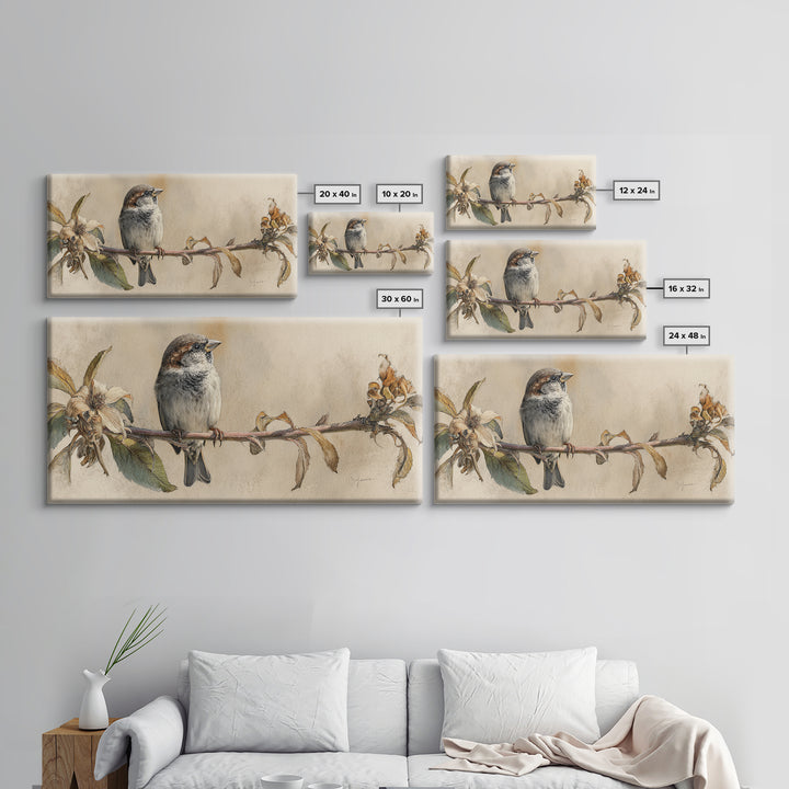 Small Sparrow on Wildflower Stem Framed Canvas Print, Bird Art, Art Print, Living Room Decor, Watercolor Art, Flight, BIR-2x1-10