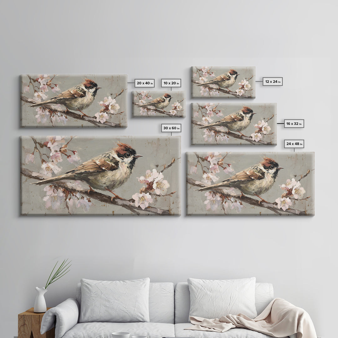 Songbird Perched on Cherry Blossoms Framed Canvas Print, Bird Art, Mid Century Wall Art, Living Room Decor, Fine Art, Flight, BIR-2x1-100