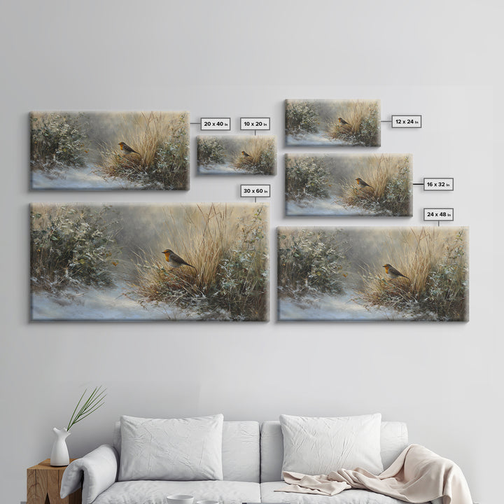 Robin in a Spring Garden with Soft Framed Canvas Print, Bird Art, Gallery Wall, Living Room Decor, Flight, Gallery Decor, BIR-2x1-11