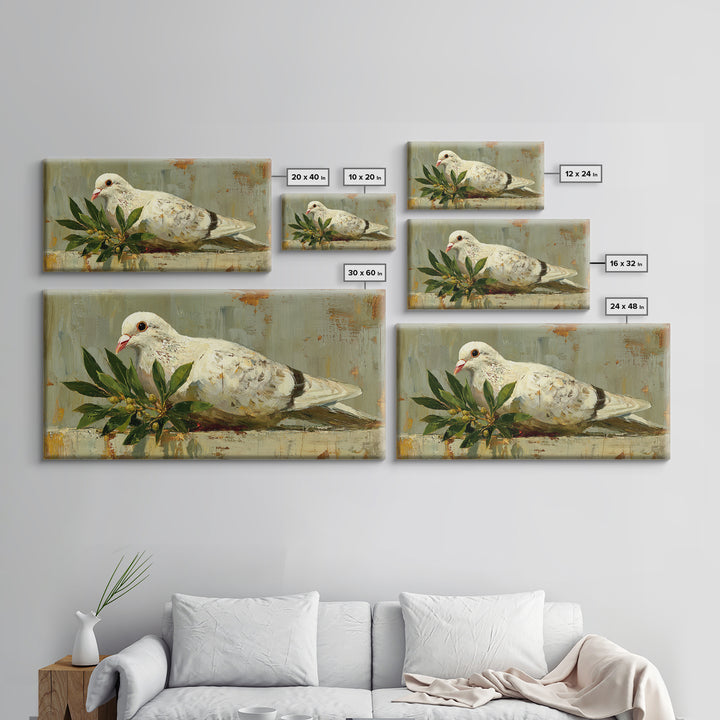 White Dove with Olive Branch and Calm Framed Canvas Print, Bird Art, Art Print, Living Room Decor, Watercolor Art, Flight, BIR-2x1-12