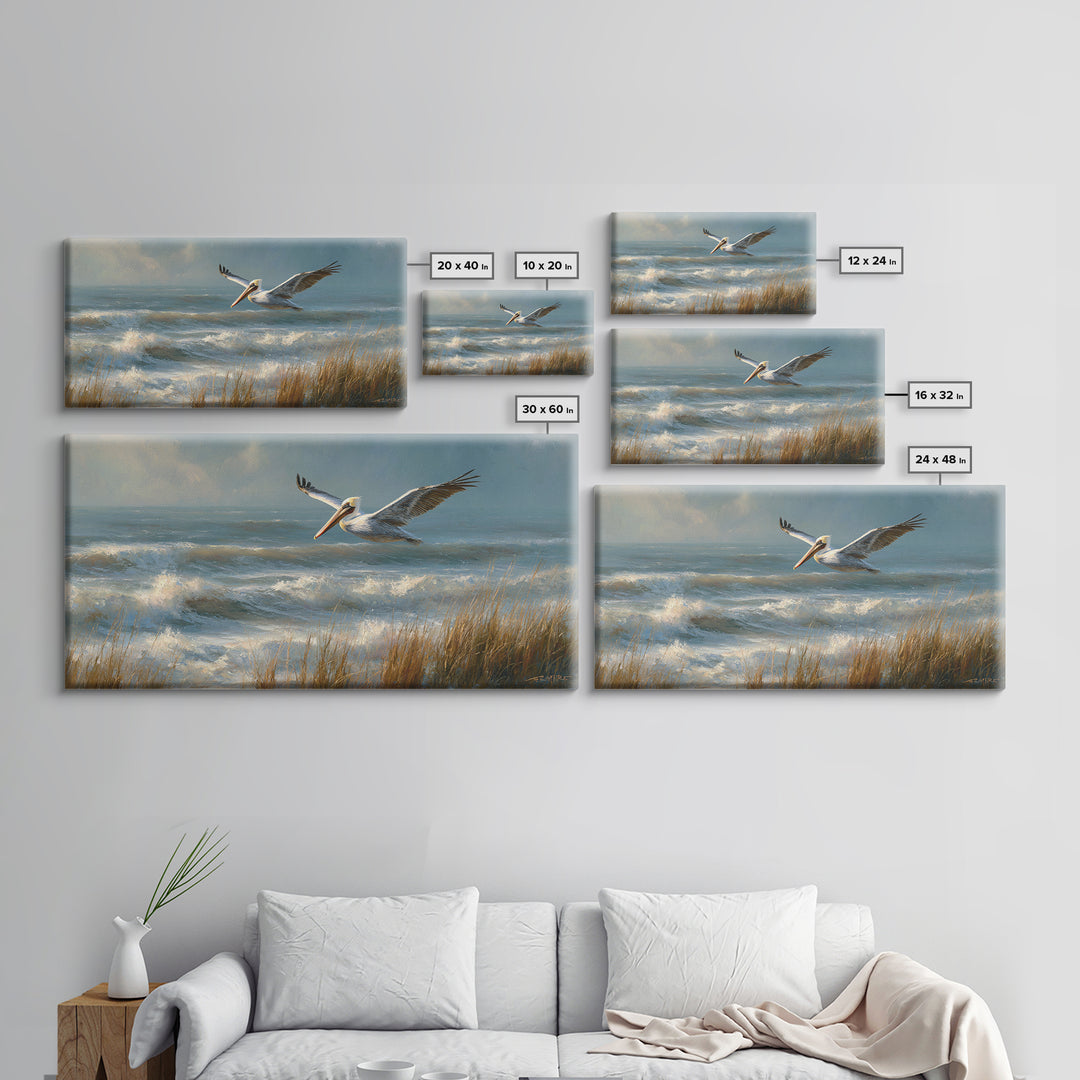 Pelican Flying over Coastal Waves Framed Canvas Print, Bird Art, Fine Art Print, Living Room Decor, Watercolor Art, Flight, BIR-2x1-14
