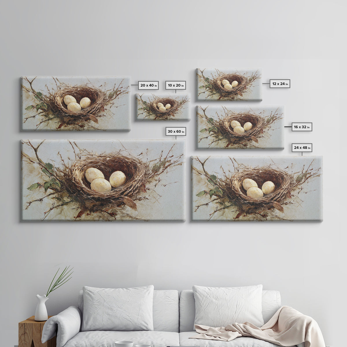 Bird Nest with Eggs and Delicate Twigs Framed Canvas Print, Bird Art, Statement Artwork, Living Room Decor, Fine Art, Flight, BIR-2x1-18
