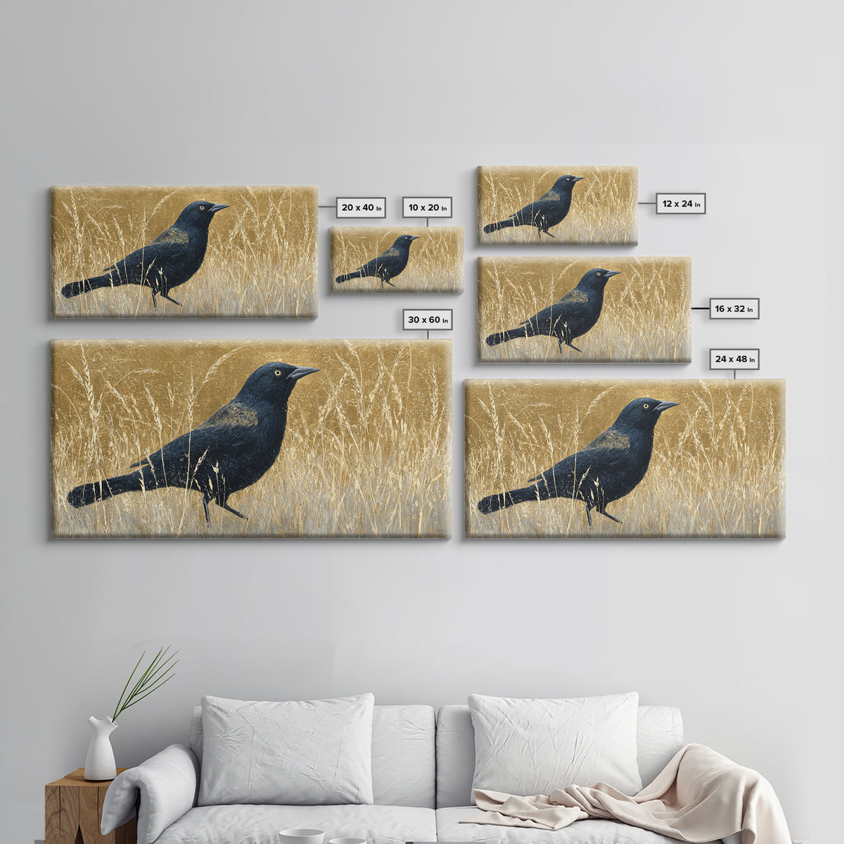 Blackbird on Gold Wheat Field Framed Canvas Print, Bird Art, Statement Artwork, Living Room Decor, Flight, Digital Prints, BIR-2x1-20