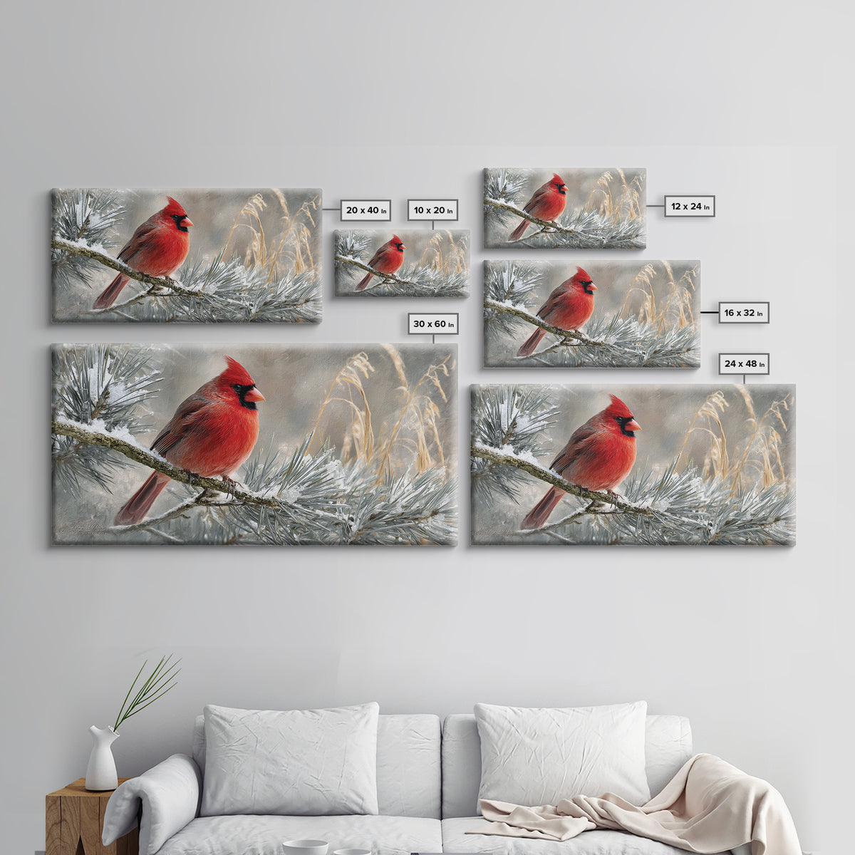 Red Cardinal on Snowy Pine Branch Canvas Print, Bird Art, Wall Art, Living Room Decor, Fine Art, Flight, Japanese Wall Art, BIR-2x1-21