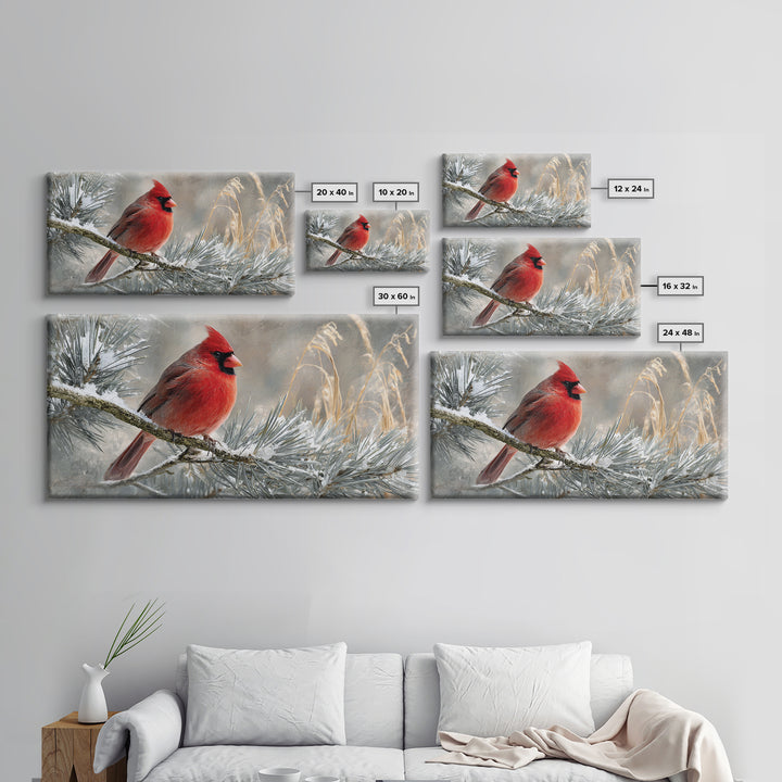 Red Cardinal on Snowy Pine Branch Canvas Print, Bird Art, Wall Art, Living Room Decor, Fine Art, Flight, Japanese Wall Art, BIR-2x1-21