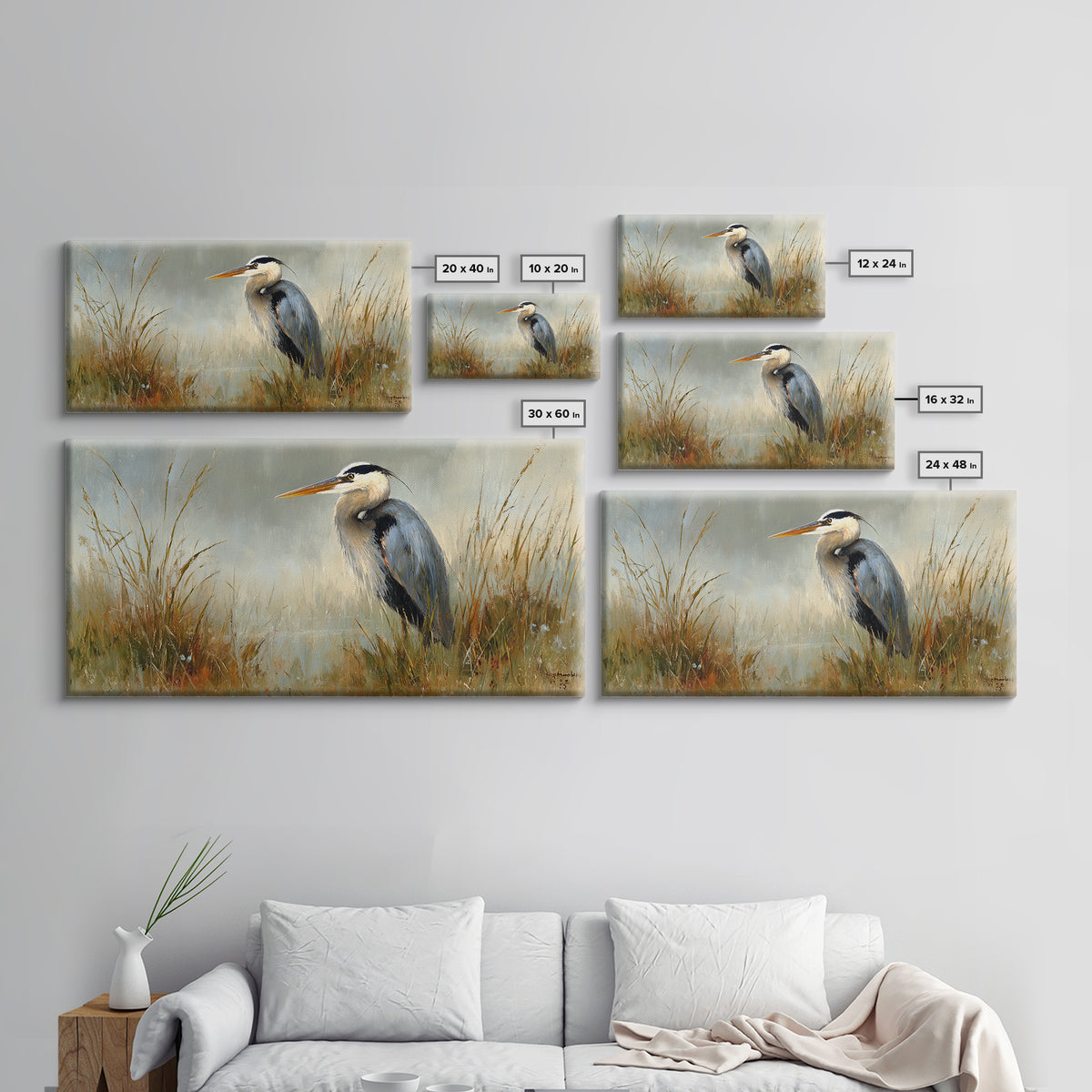 Blue Heron in Misty Marsh Grass Canvas Print, Bird Art, Boho Decor, Living Room Decor, Fine Art, Flight, Printable Wall Art, BIR-2x1-22