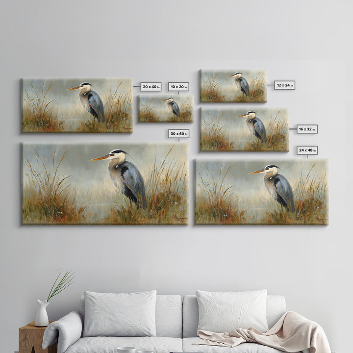 Blue Heron in Misty Marsh Grass Canvas Print, Bird Art, Boho Decor, Living Room Decor, Fine Art, Flight, Printable Wall Art, BIR-2x1-22
