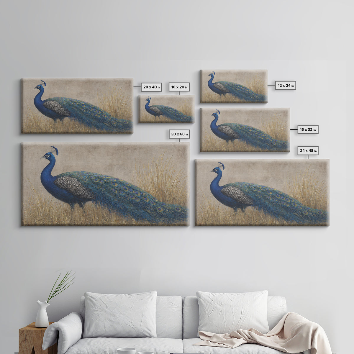 Peacock with Jewel Tone Feather Pattern Framed Canvas Print, Bird Art, Fine Art Print, Living Room Decor, Oil Painting, Flight, BIR-2x1-27