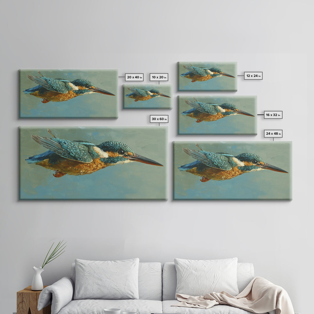 Kingfisher Diving Toward Blue Water Canvas Print, Bird Art, Digital Print, Living Room Decor, Fine Art, Flight, Bird Prints, BIR-2x1-31