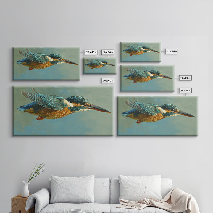 Kingfisher Diving Toward Blue Water Canvas Print, Bird Art, Digital Print, Living Room Decor, Fine Art, Flight, Bird Prints, BIR-2x1-31