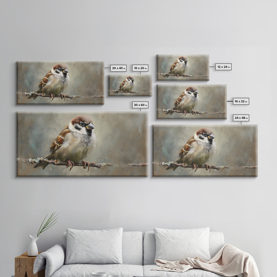 Small Sparrow on Wildflower Stem Framed Canvas Print, Bird Art, Art Print, Living Room Decor, Watercolor Art, Flight, BIR-2x1-34