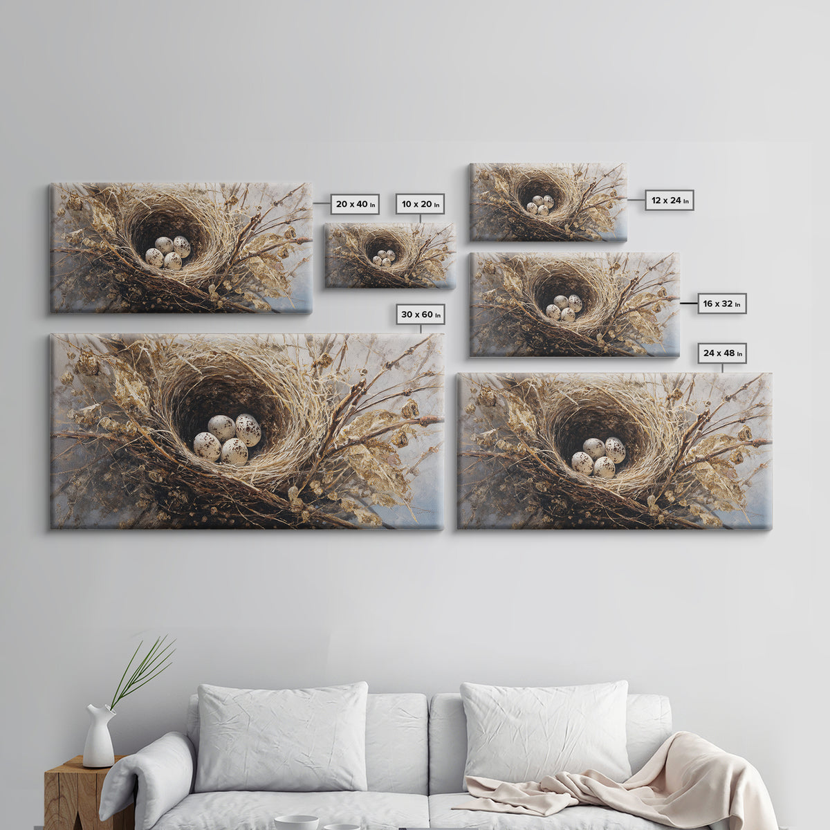 Bird Nest with Eggs and Delicate Twigs Framed Canvas Print, Bird Art, Statement Artwork, Living Room Decor, Fine Art, Flight, BIR-2x1-42