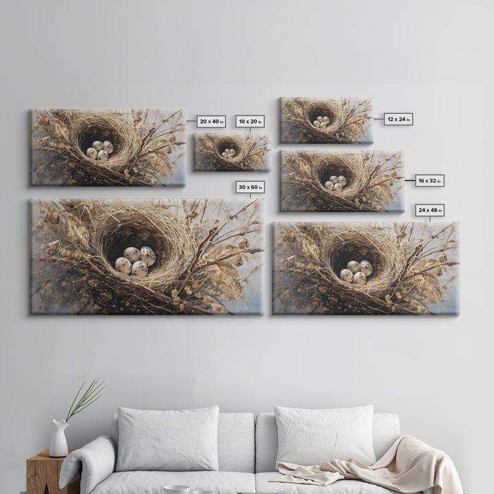 Bird Nest with Eggs and Delicate Twigs Framed Canvas Print, Bird Art, Statement Artwork, Living Room Decor, Fine Art, Flight, BIR-2x1-42