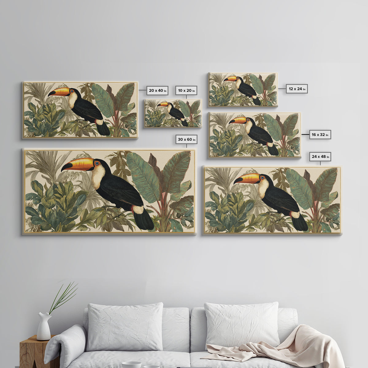 Toucan Framed by Bold Jungle Foliage Framed Canvas Print, Bird Art, Mid Century Modern, Living Room Decor, Fine Art, Flight, BIR-2x1-43