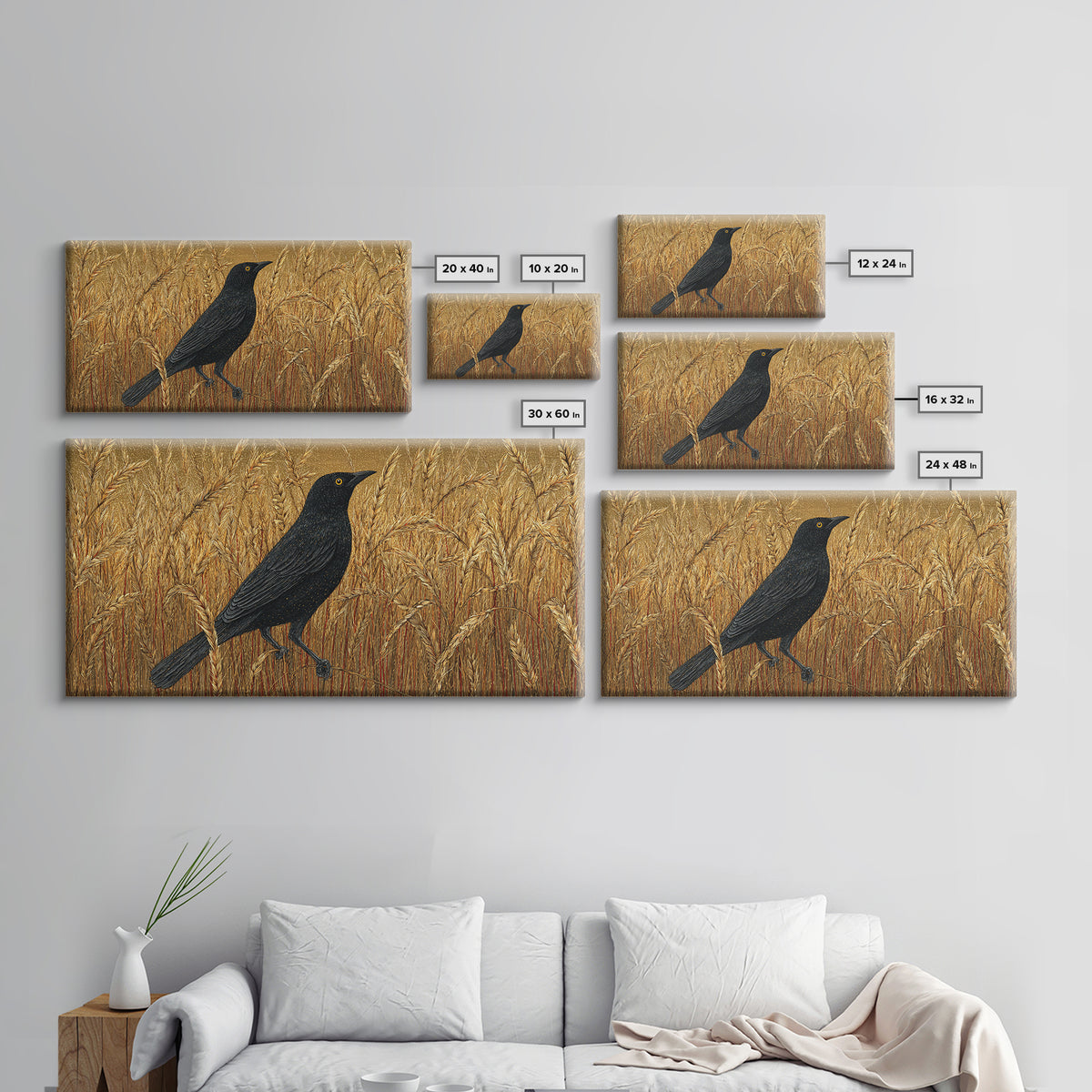 Blackbird on Gold Wheat Field Canvas Print, Bird Art, Textured Painting, Living Room Decor, Abstract Art, Flight, Printable Art, BIR-2x1-44