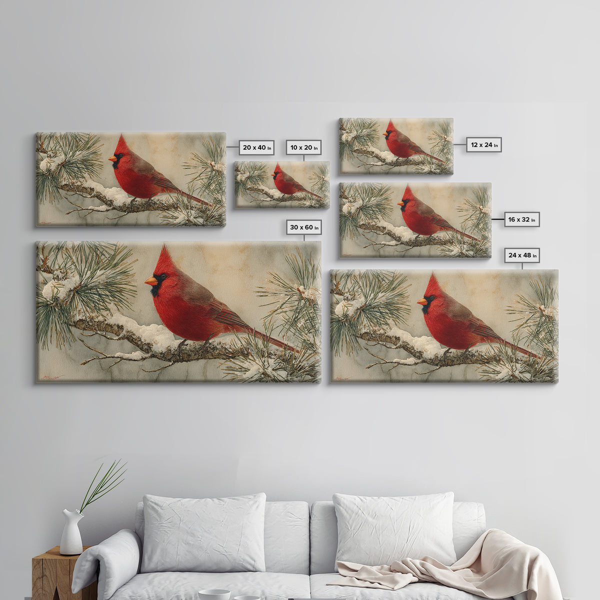 Red Cardinal on Snowy Pine Branch Framed Canvas Print, Bird Art, Art Deco, Living Room Decor, Oil Painting, Flight, BIR-2x1-45