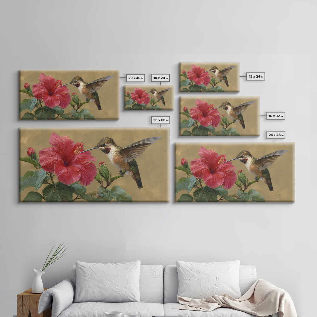Hummingbird Hovering Beside Bright Hibiscus Canvas Print, Bird Art, Digital Prints, Living Room Decor, Fine Art, Flight, BIR-2x1-48