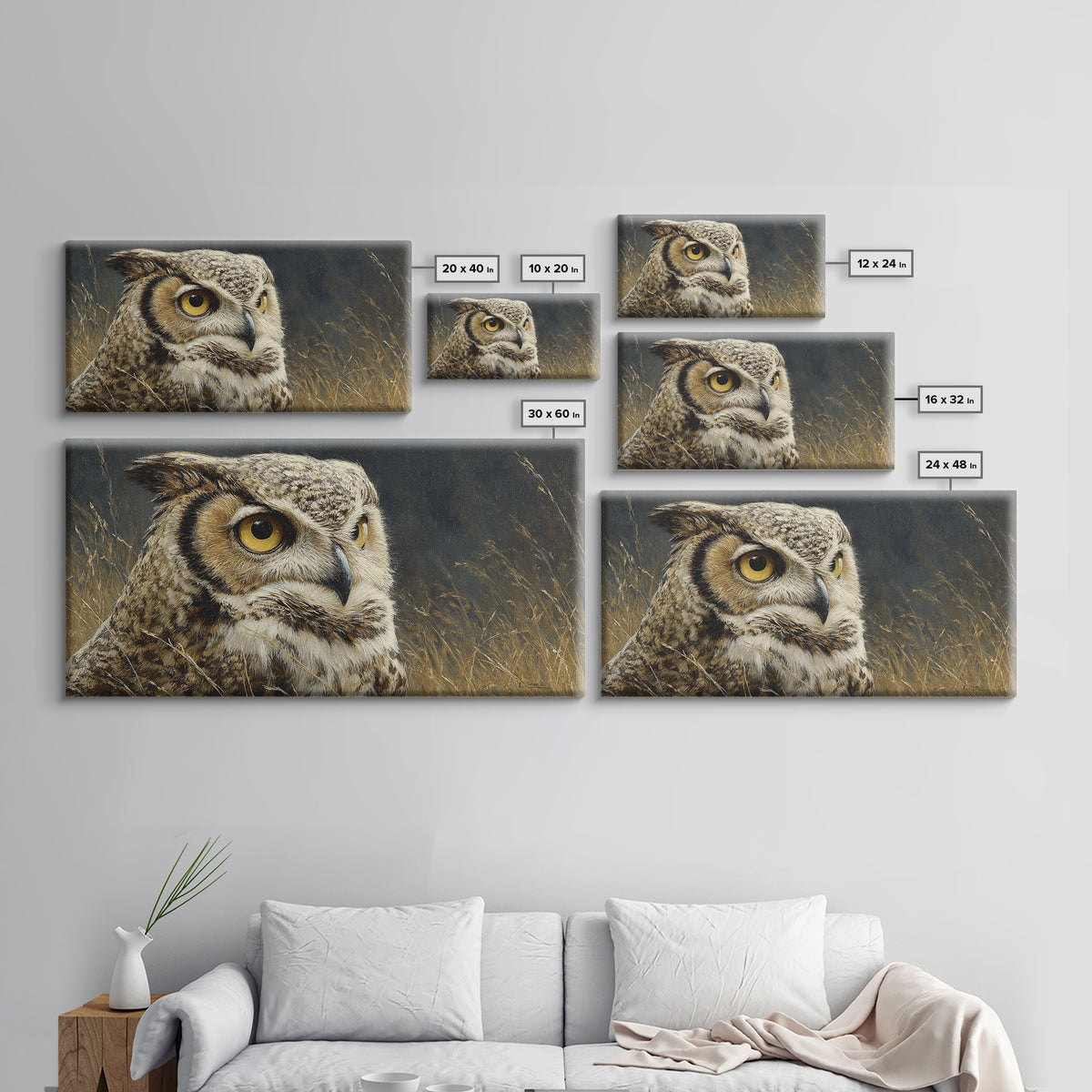 Owl Portrait with Wise Golden Eyes Canvas Print, Bird Art, Original Art, Living Room Decor, Fine Art, Flight, Mcm Decor, BIR-2x1-49