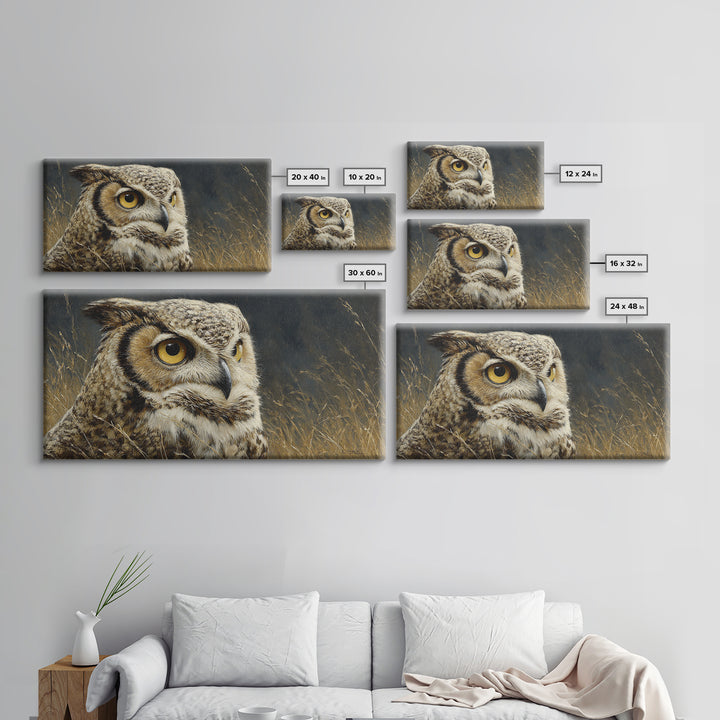 Owl Portrait with Wise Golden Eyes Canvas Print, Bird Art, Original Art, Living Room Decor, Fine Art, Flight, Mcm Decor, BIR-2x1-49