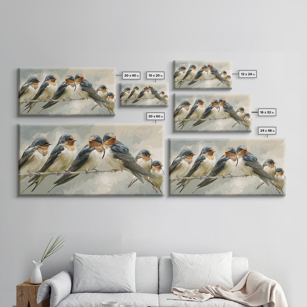 Flock of Swallows Sweeping Across Open Sky Framed Canvas Print, Bird Art, Minimalist Decor, Living Room Decor, Fine Art, Flight, BIR-2x1-50