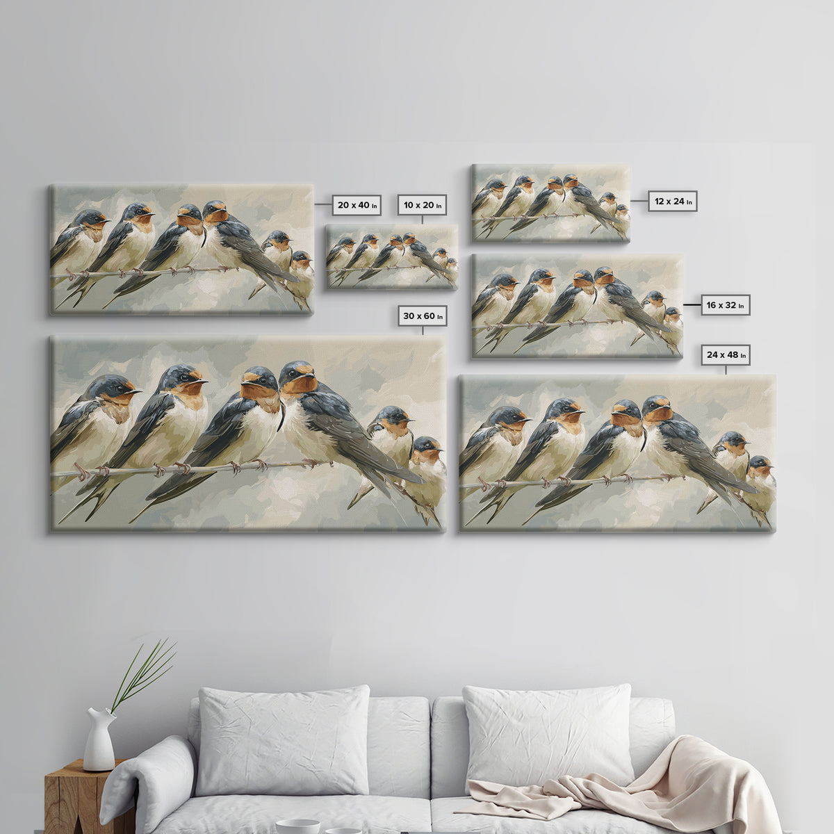 Flock of Swallows Sweeping Across Open Sky Framed Canvas Print, Bird Art, Minimalist Decor, Living Room Decor, Fine Art, Flight, BIR-2x1-50