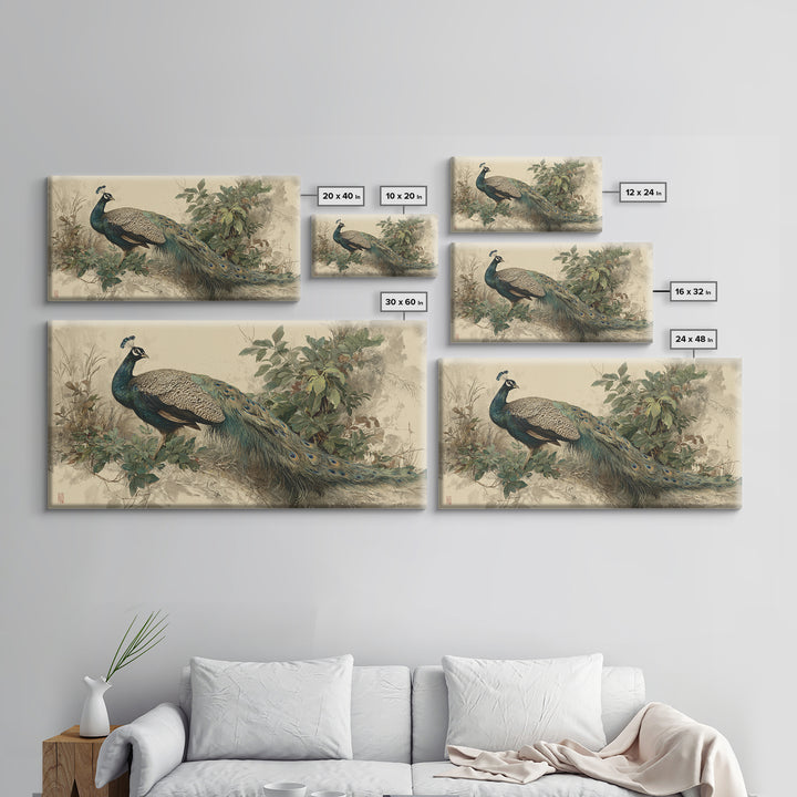 Peacock with Jewel Tone Feather Pattern Framed Canvas Print, Bird Art, Japanese Wall Art, Living Room Decor, Watercolor Art, BIR-2x1-51