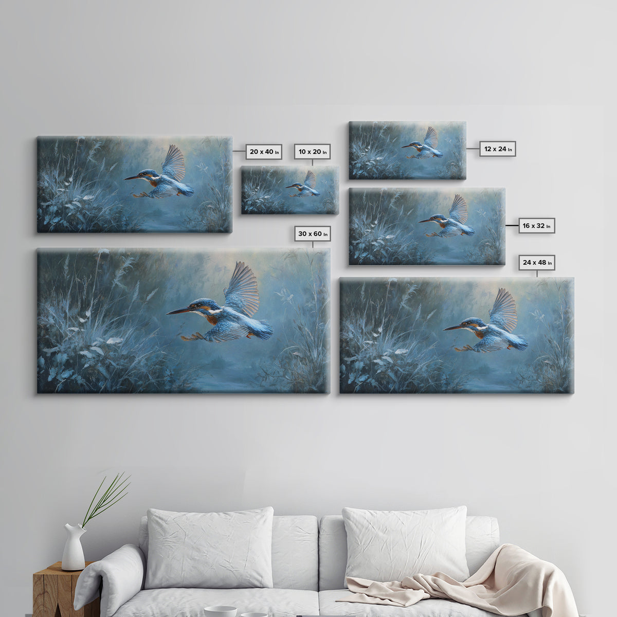 Kingfisher Diving Toward Blue Water Framed Canvas Print, Bird Art, Modern Wall Art, Living Room Decor, Fine Art, Flight, BIR-2x1-55