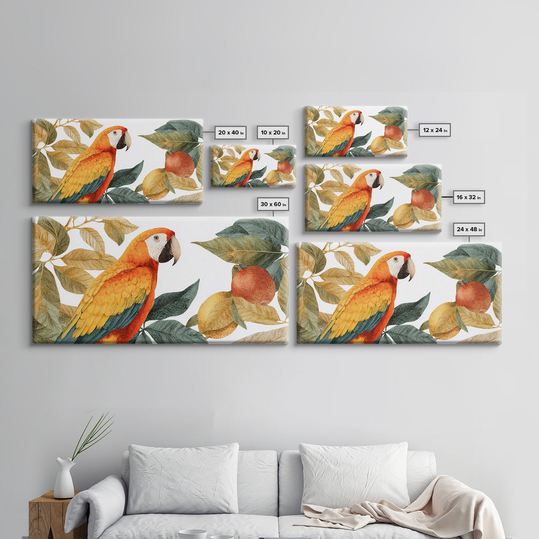 Parrot Among Tropical Leaves and Fruit Canvas Print, Bird Art, Digital Prints, Living Room Decor, Fine Art, Flight, Modern Art, BIR-2x1-57