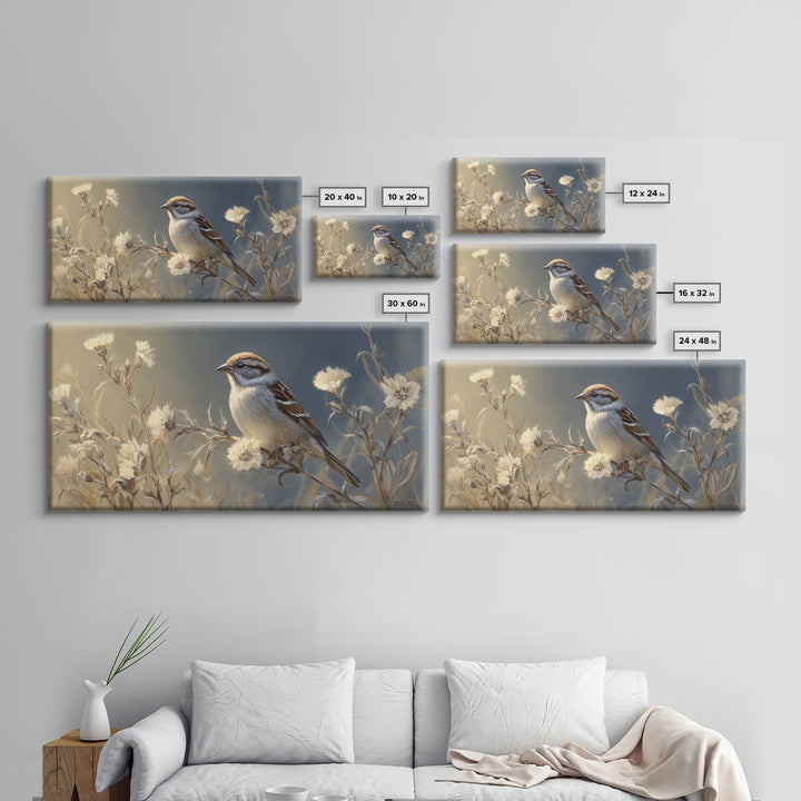 Small Sparrow on Wildflower Stem Canvas Print, Bird Art, Wall Art, Living Room Decor, Watercolor Art, Flight, Japanese Wall Art, BIR-2x1-58