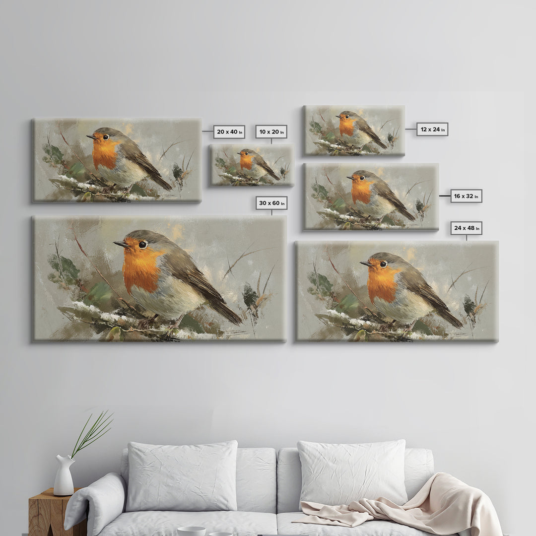 Robin in a Spring Garden with Soft Framed Canvas Print, Bird Art, Bird Prints, Living Room Decor, Watercolor Art, Flight, BIR-2x1-59