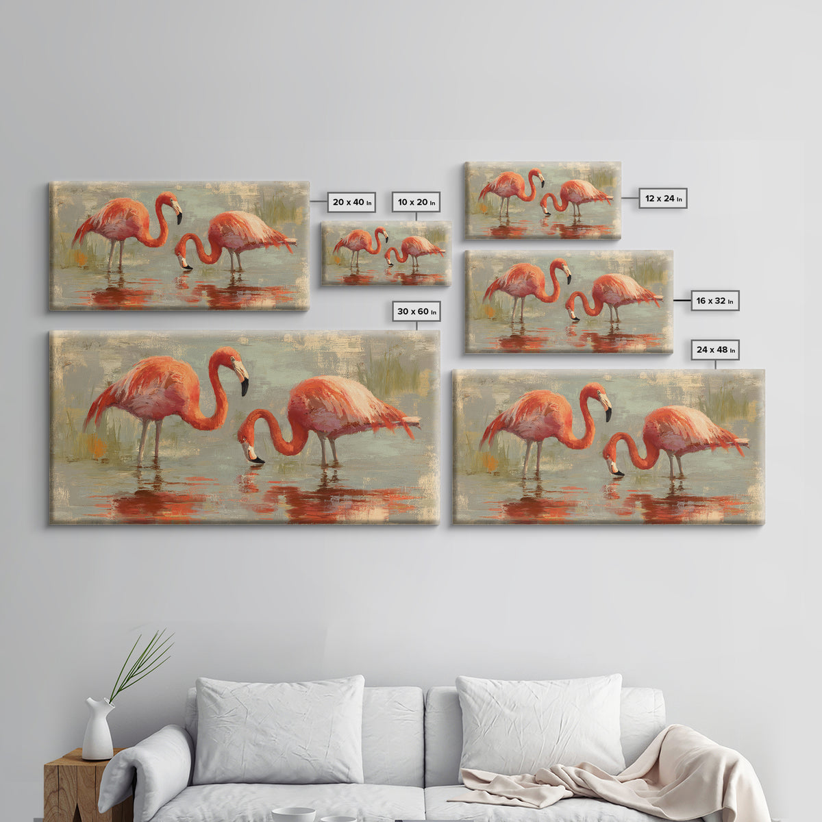 Flamingo Pair in Coral Water Reflections Framed Canvas Print, Bird Art, Luxury Decor, Living Room Decor, Fine Art, Flight, BIR-2x1-6