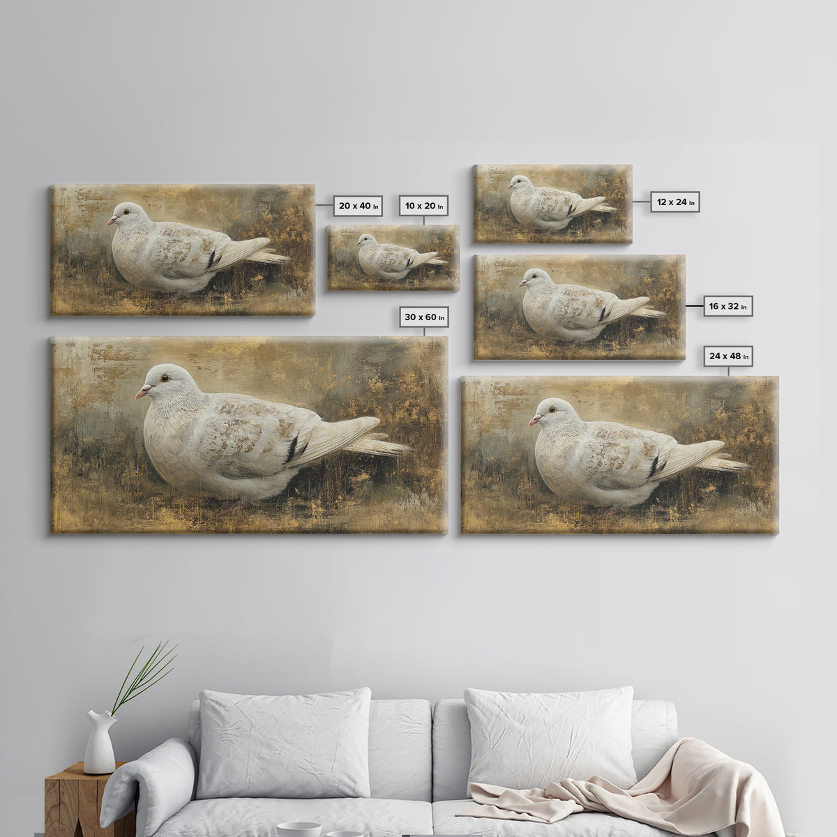 White Dove with Olive Branch and Calm Framed Canvas Print, Bird Art, Art Deco, Living Room Decor, Flight, Gallery Wall, BIR-2x1-60