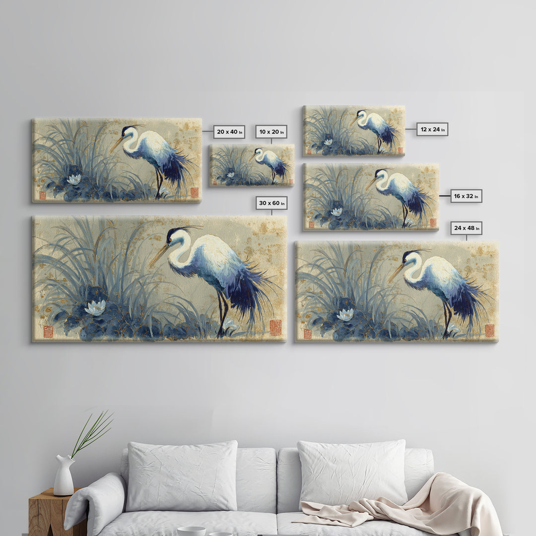 Crane and Lotus Composition Canvas Print, Bird Art, Printable Wall Art, Living Room Decor, Fine Art, Flight, Modern Art, BIR-2x1-61