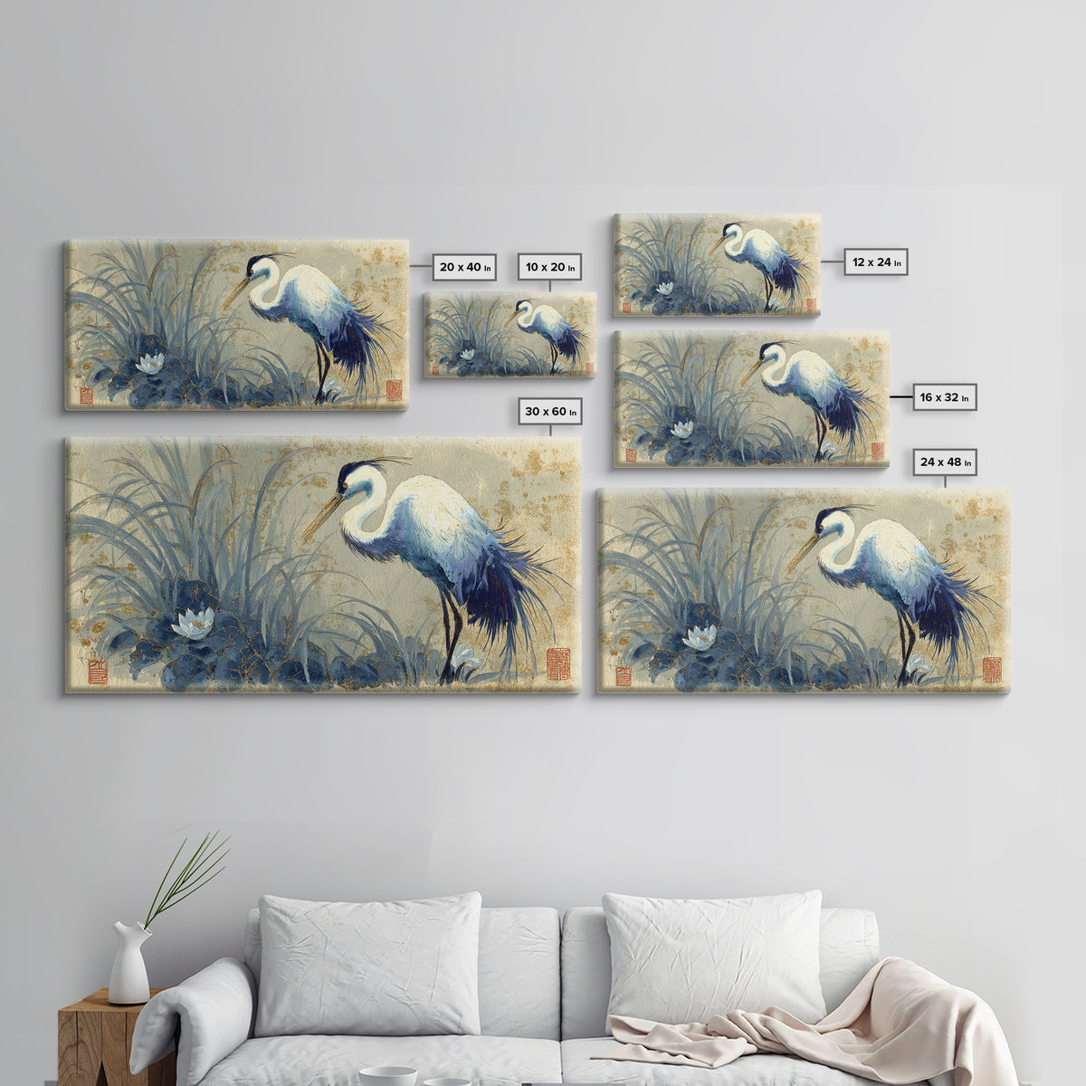 Crane and Lotus Composition Canvas Print, Bird Art, Printable Wall Art, Living Room Decor, Fine Art, Flight, Modern Art, BIR-2x1-61
