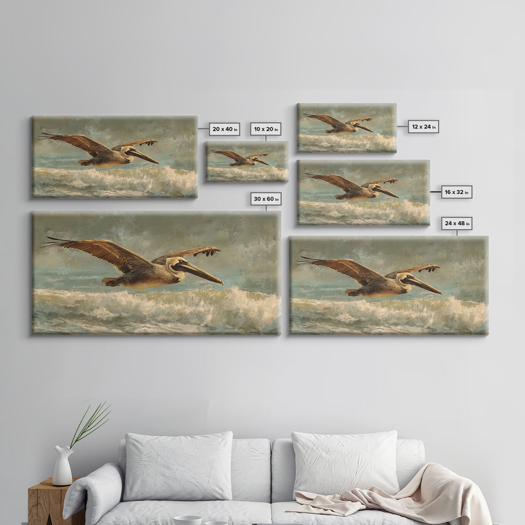 Pelican Flying over Coastal Waves Canvas Print, Bird Art, Room Decor, Living Room Decor, Oil Painting, Flight, Digital Print, BIR-2x1-62
